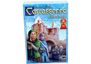 Pudełko z grą planszową Carcassonne Winter Edition, przedstawiające średniowieczny zamek osadzony w śnieżnej scenerii, ilustrowane postacie i klasyczną turową strategię