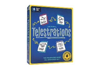 Pudełko z grą planszową Telestrations z ikonami do rysowania i zgadywania przedstawiającymi rozgrywkę w stylu telefonu polegającą na rysowaniu i zgadywaniu, zaprojektowaną z myślą o wspólnej zabawie